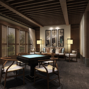 新中式麻将室 棋牌室 麻将桌椅 沙发茶几 新中式家具 装饰画